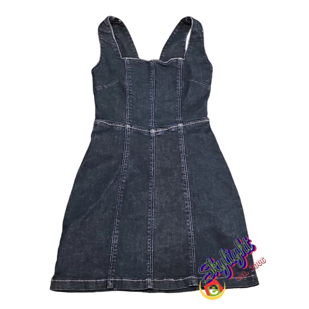 Tiger Mist Dark Blue Denim Sleeveless Square Neck Zipper Jean Dress Women Small